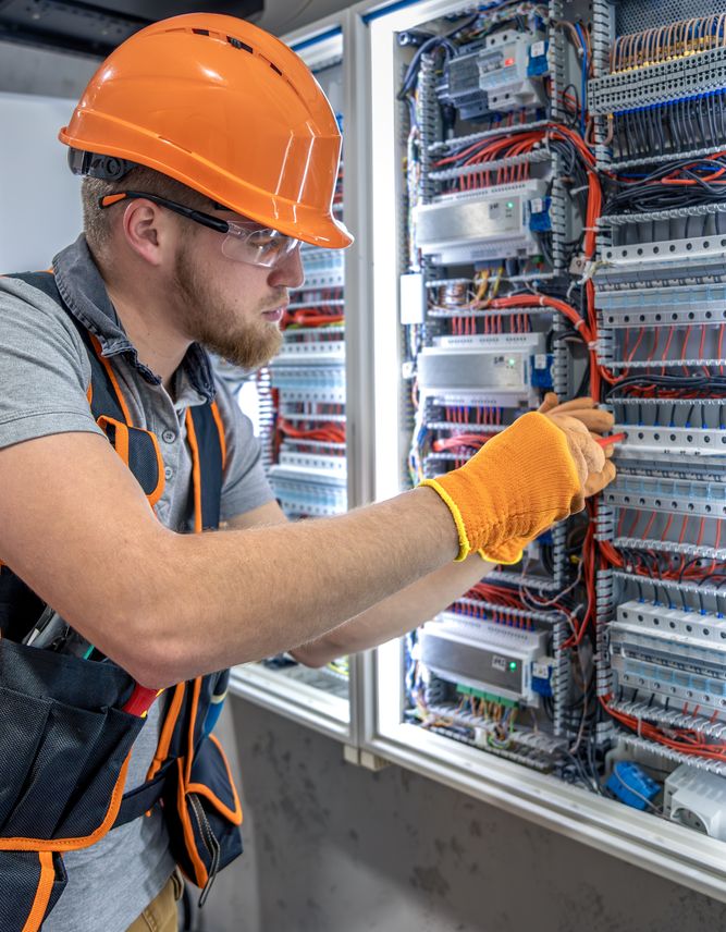 Male,Electrician,Working,In,Electrical,Panel.,Male,Electrician,In,Overalls.
